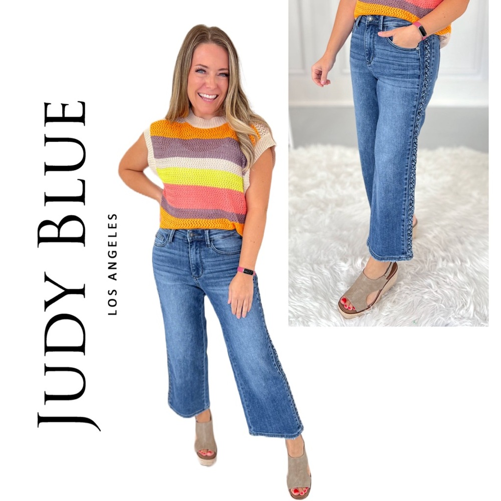 Judy Blue Boho Blues‎ Braided Side Seam Cropped Wide Leg High Waist Jeans - 0/24